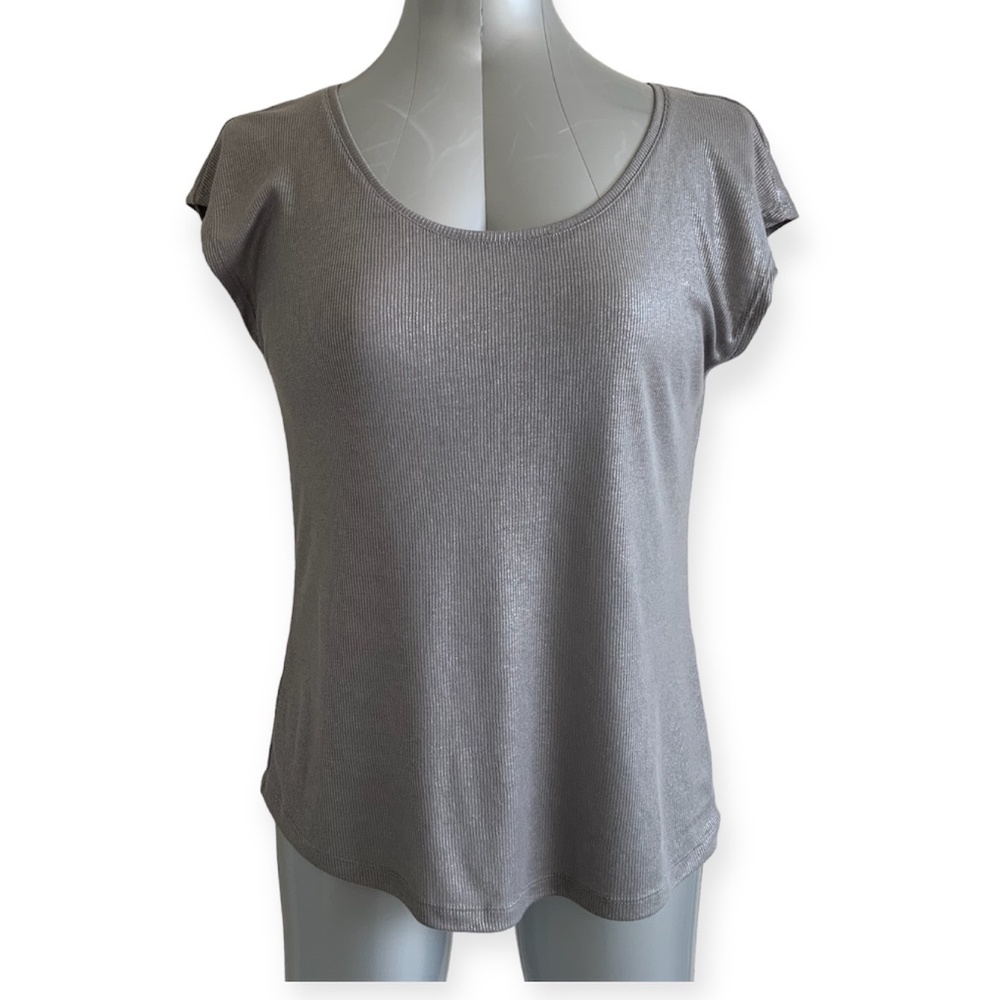 Metallic Grey Top Stretch Minimalist Shirt Short Sleeves size L